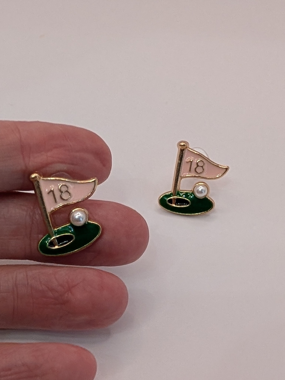 Golf 18 Flag Stud Earrings in Pink and Green Pearl Golf Ball - Picture 4 of 4